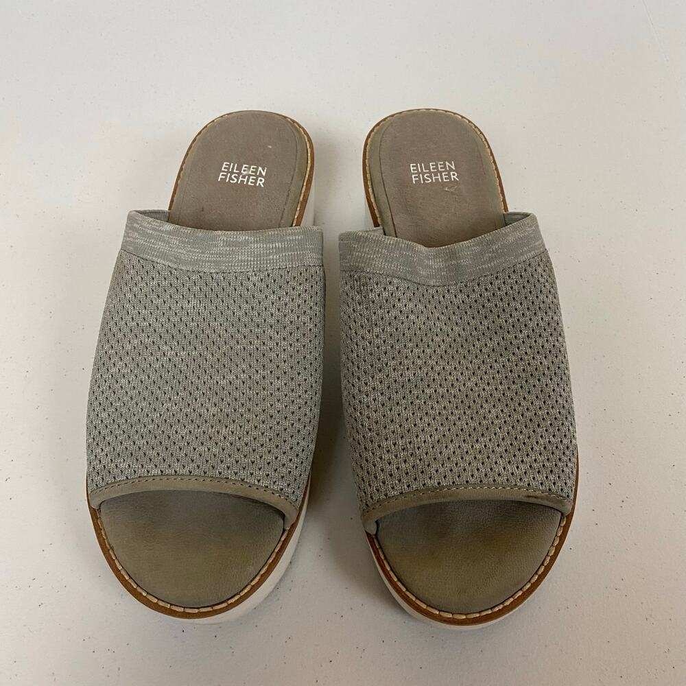 Eileen Fisher Telly Women 8 Stretch Knit Wedge Slide Gray White Comfort Sandals